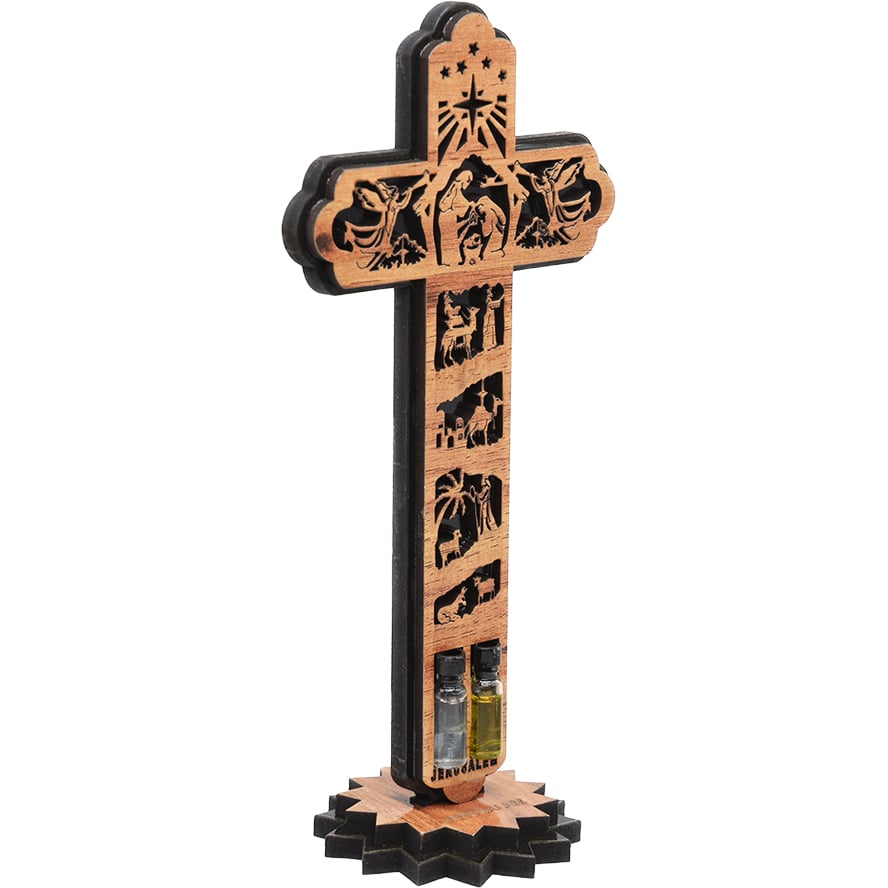 ‘The Birth of Jesus Christ’ Story Carved into an Olive Wood Cross – 8.5″ (angle view)