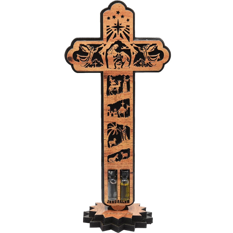 'The Birth of Jesus Christ' Story Carved into an Olive Wood Cross - 8.5