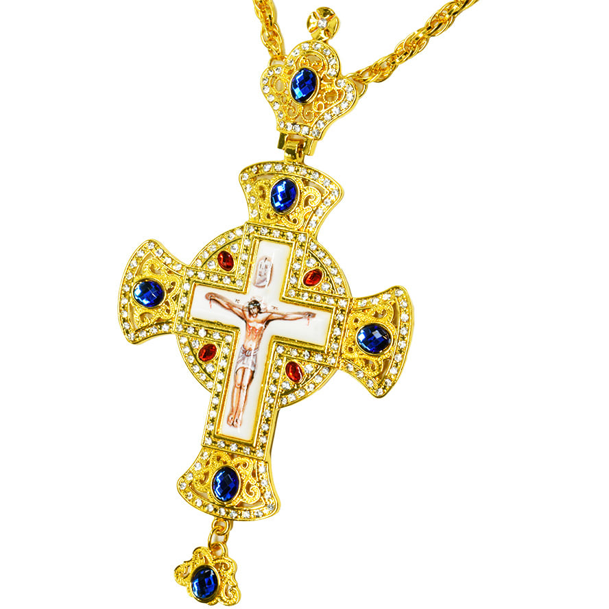 Orthodox Pectoral Cross - Gold Plated Zircon and Jeweled Necklace with Crown