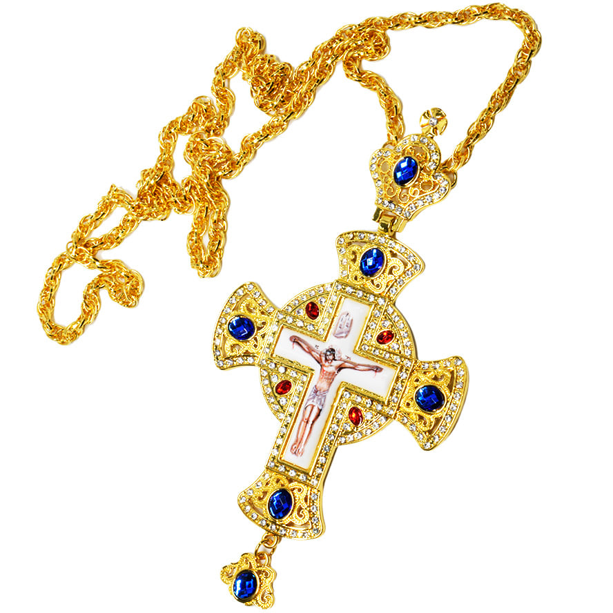 Orthodox Pectoral Cross - Gold Plated Zircon and Jeweled Necklace with Crown (with long chain)