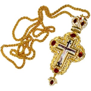 Orthodox Bishop's Pectoral Cross with Ruby Red Jewels, Zircon and Crucifix (with chain)
