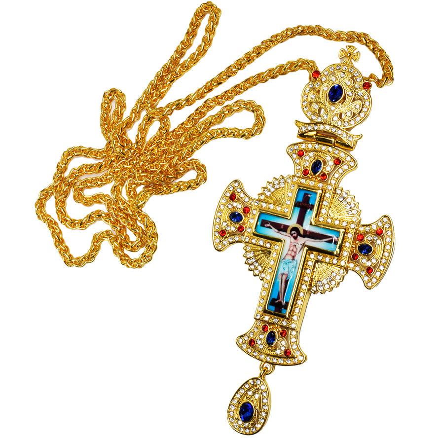 Bishop’s Pectoral Cross with Blue and Red Jewels, Zircon and Crucifix (with chain)