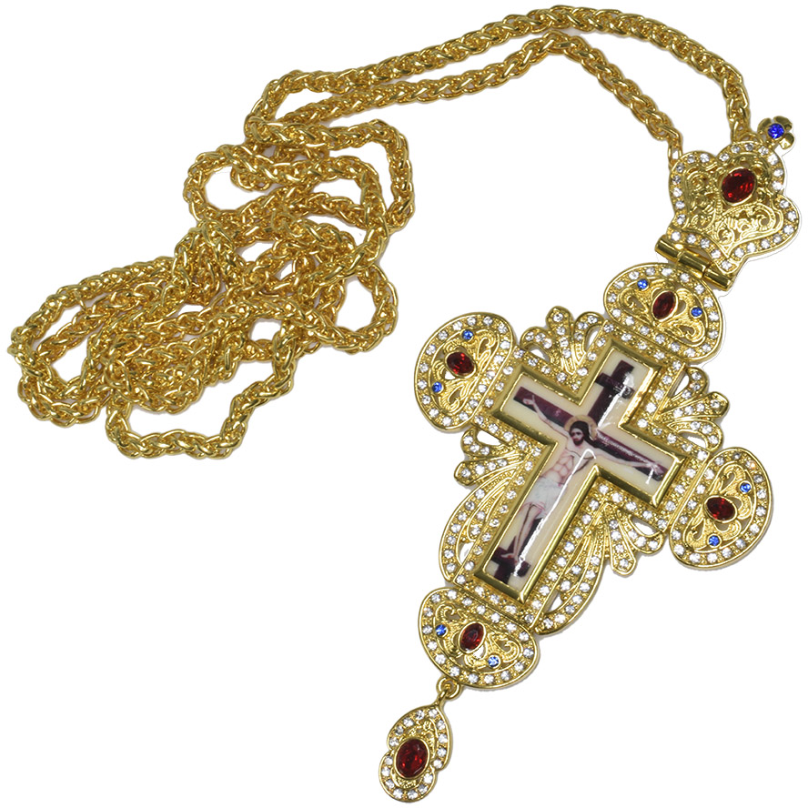 Bishop's Pectoral Crown Cross with Ruby Red Jewels, Zircon and Crucifix (with chain)