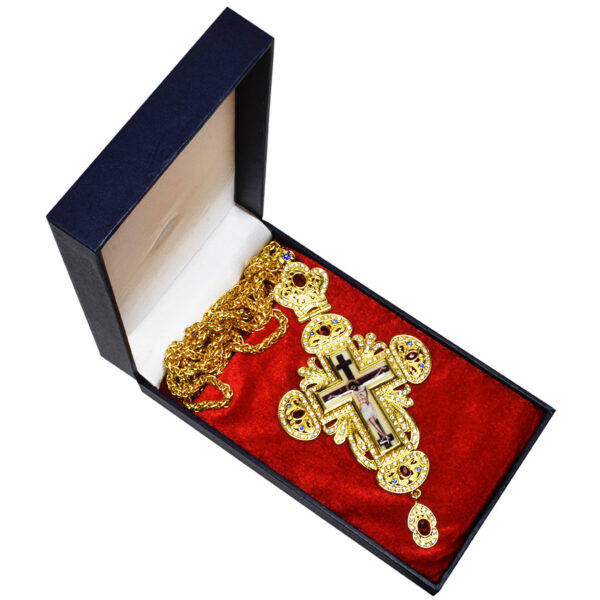 Bishop's Pectoral Crown Cross with Ruby Red Jewels, Zircon and Crucifix (presentation gift box)