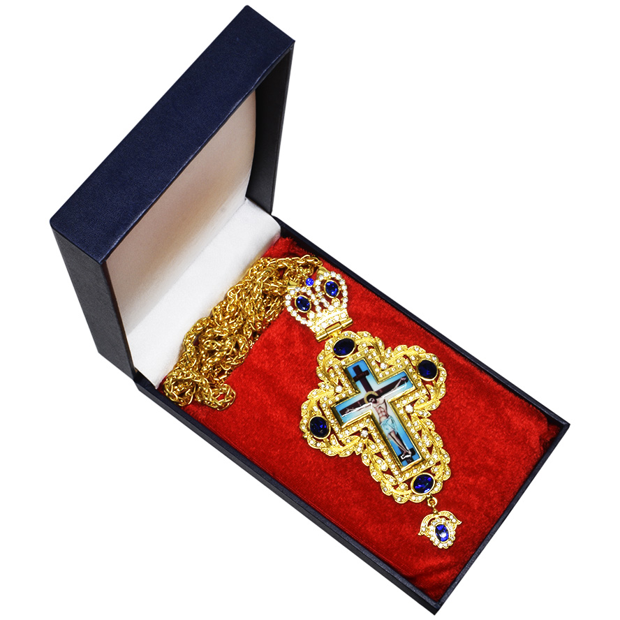 Bishop’s Pectoral Crown Cross with Blue Jewels, Zircon and Crucifix (presentation gift box)