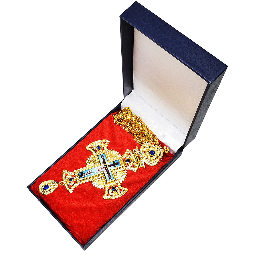 Bishop’s Pectoral Cross with Blue and Red Jewels, Zircon and Crucifix (presentation box)