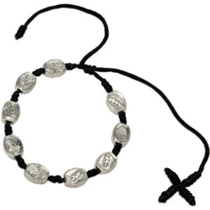 Black Cotton Bracelet with Metal 'Mary' Beads and Cross