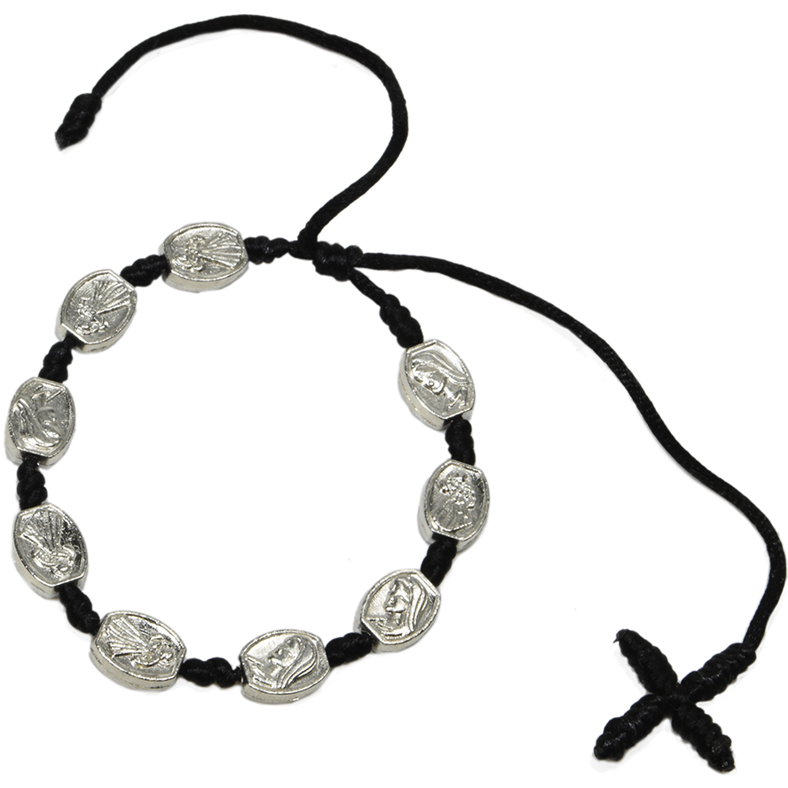 Black Cotton Bracelet with Metal ‘Mary’ Beads and Cross