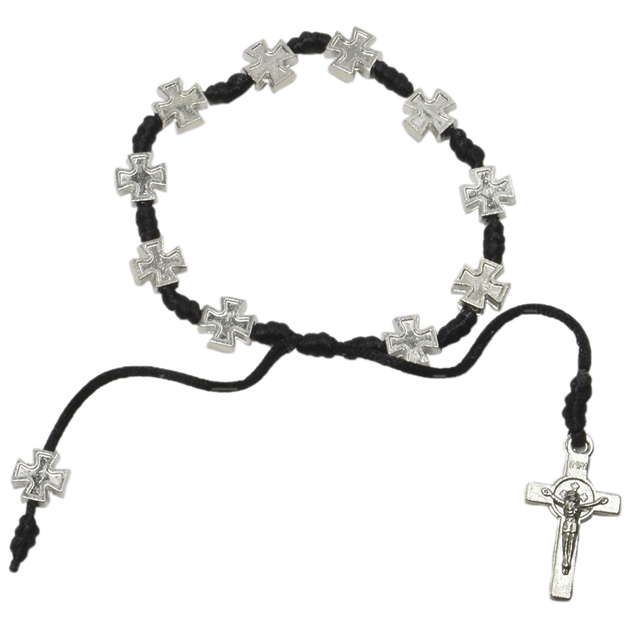 Black Cotton Bracelet ‘Jerusalem Cross’ Metal Beads and Crucifix