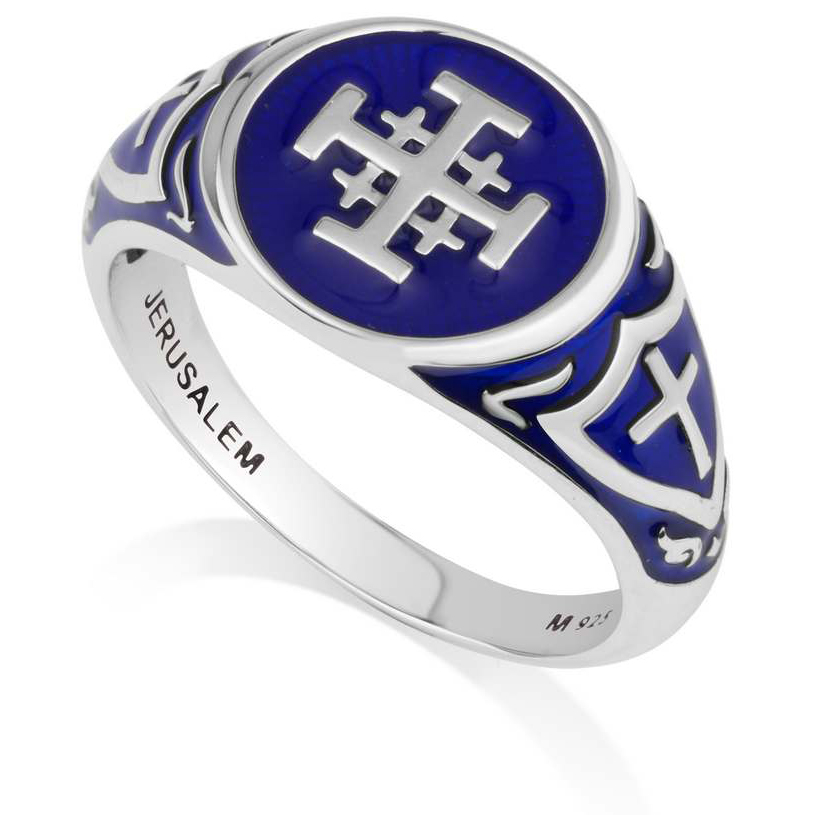 Blue Enamel 'Jerusalem Cross' Sterling Silver Ring - Holy Land Jewelry