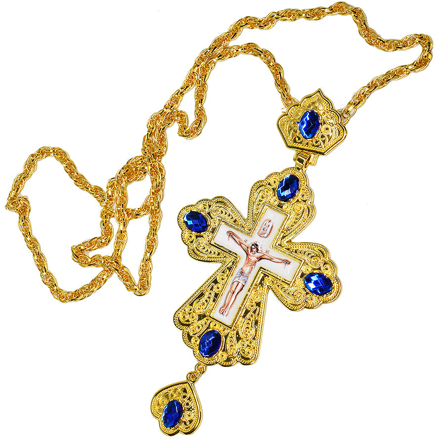 Bishop’s Pectoral with Blue Jeweled Cross and Enamel Crucifix (with chain)