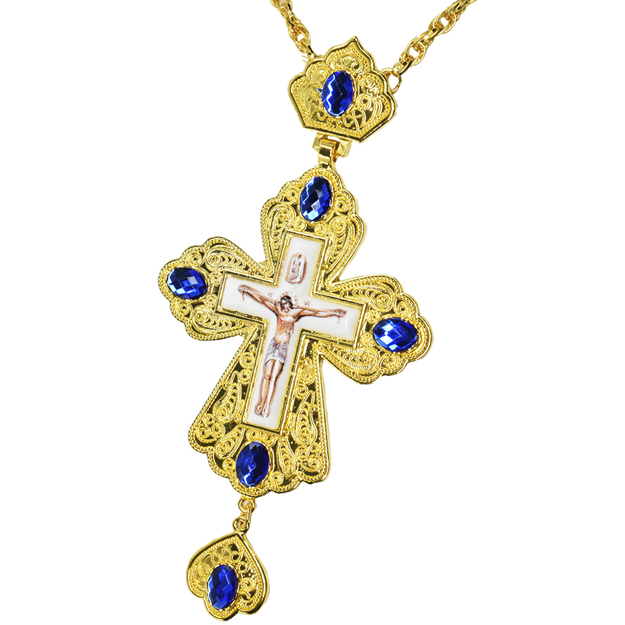 Bishop's Pectoral with Blue Jeweled Cross and Enamel Crucifix