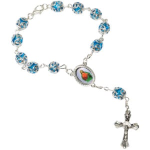 Blue Crystal Rosary Bead Bracelet with a 'Jesus and Mary' Icon