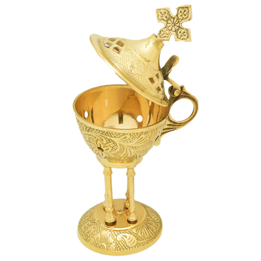 Brass Incense Burner from Jerusalem with a Cross – 6″ (open lid)