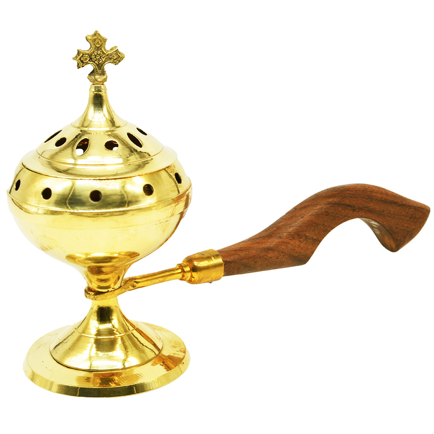Brass Incense Burner from Jerusalem with Cross and Long Handle – 9″ (side view)