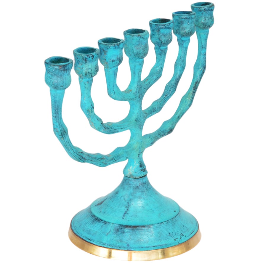 Small Menorah from Israel – Antique Blue – Brass 3.5″ (angle view)