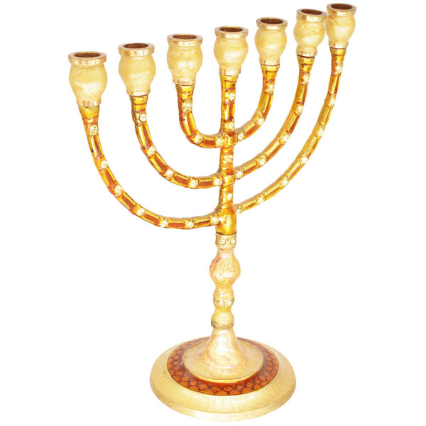 Biblical 'Almond Blossom' Jeweled Enameled Brass Menorah - 9" (angle view)