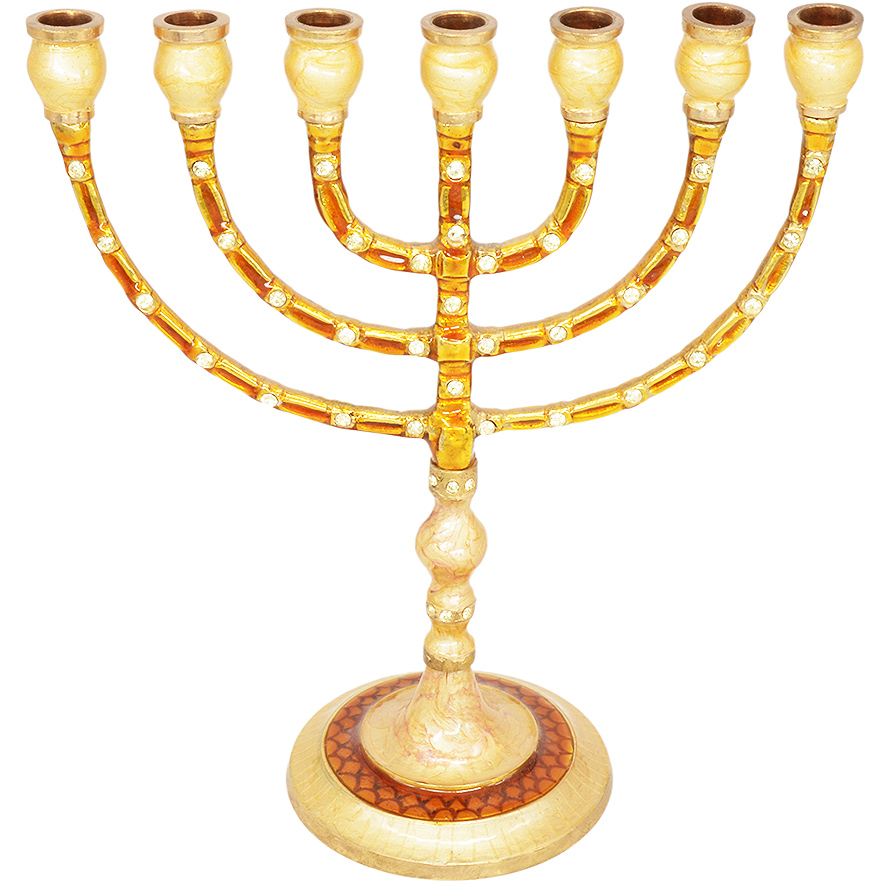 Biblical ‘Almond Blossom’ Jeweled Enameled Brass Menorah – 9″
