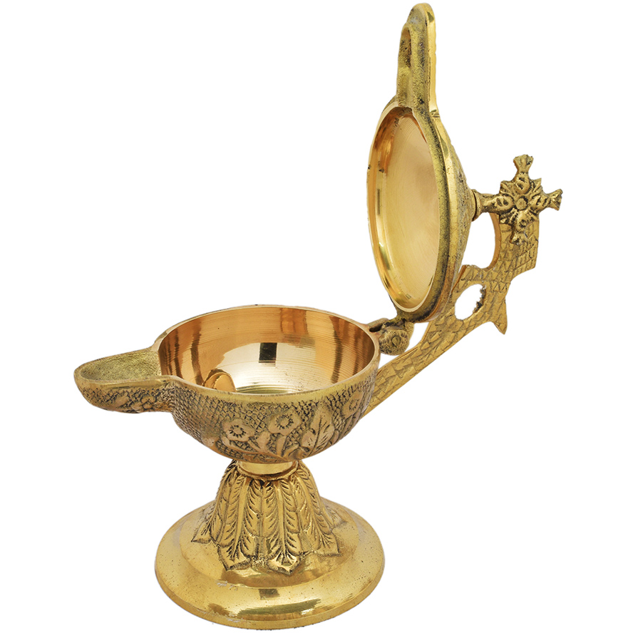 Brass Oil Lamp from Jerusalem with a Cross – 7″ (lid open)