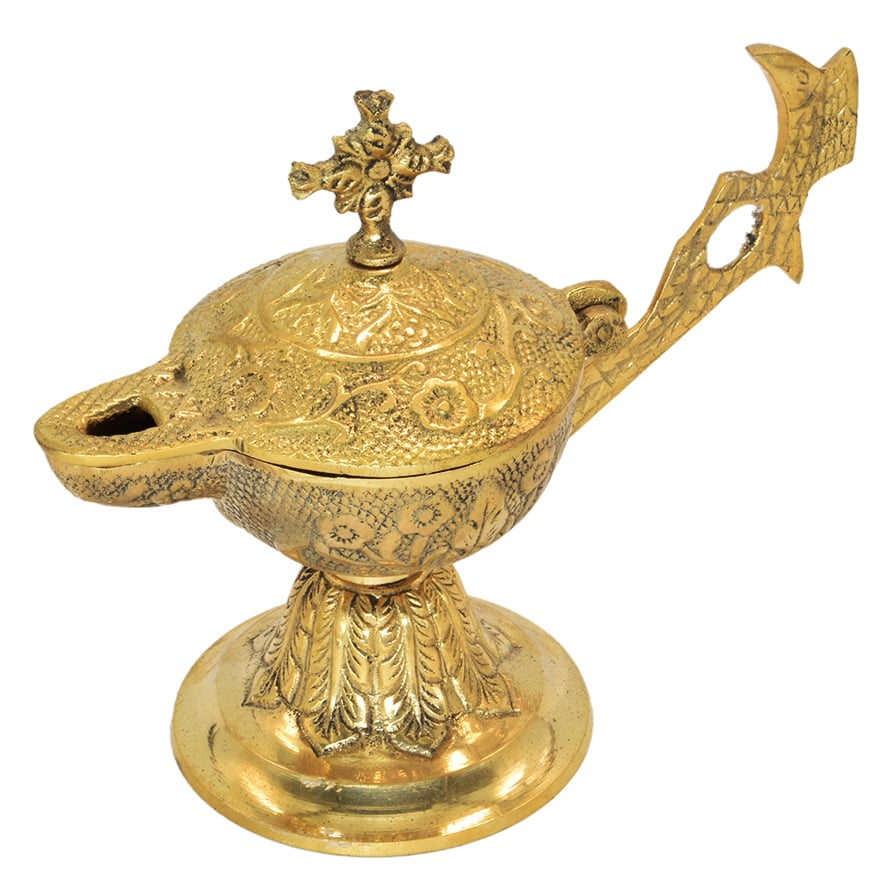 Brass Oil Lamp from Jerusalem with a Cross – 7″