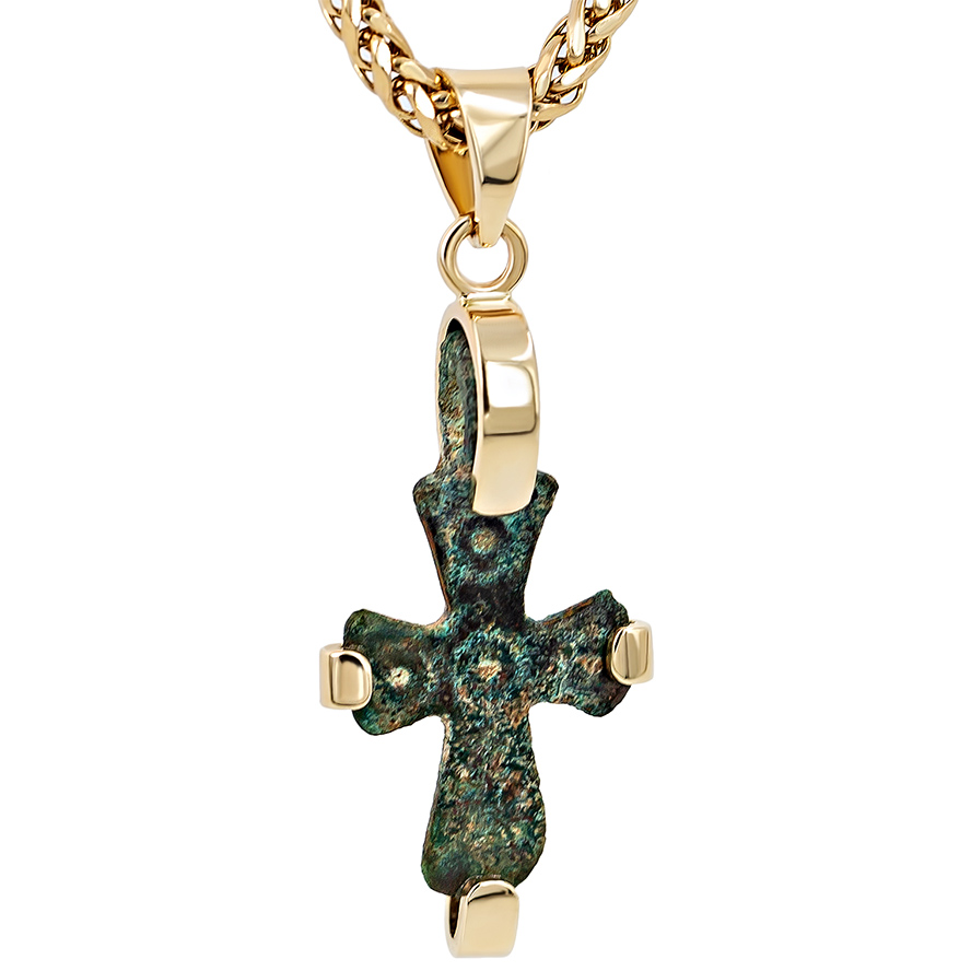 Authentic 6th Century Byzantine Bronze Cross in 14k Gold Pendant