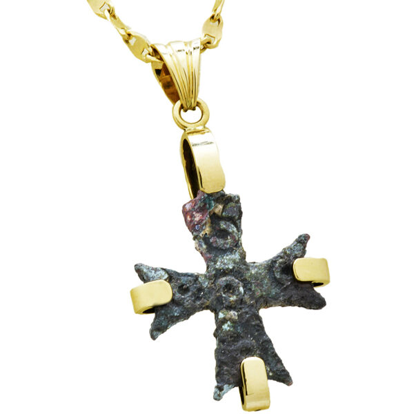 Authentic Bronze Byzantine Cross in a 14k Gold Frame Pendant (angle view)