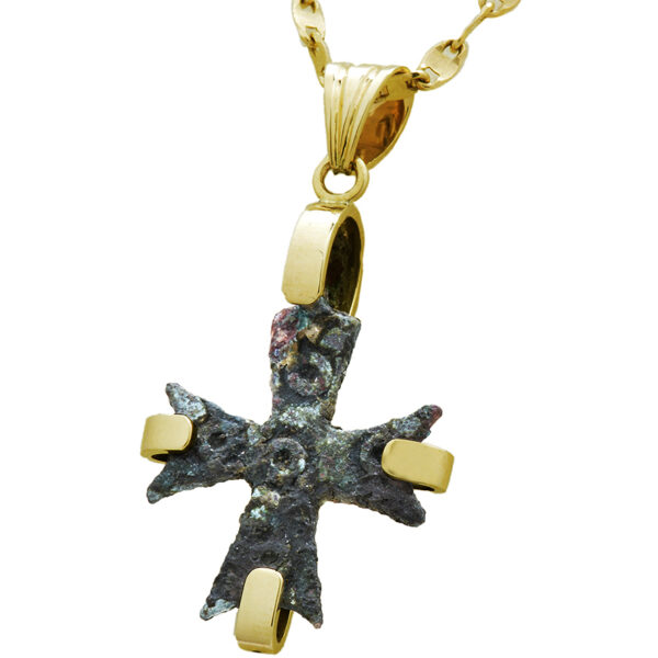 Authentic Bronze Byzantine Cross in a 14k Gold Frame Pendant