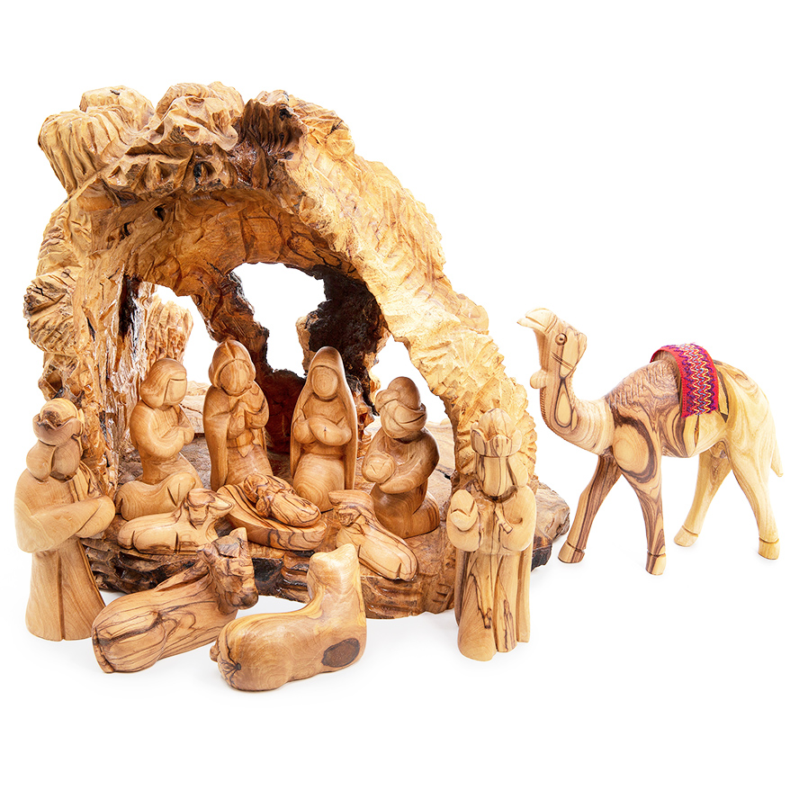 Olive Wood Cave Nativity Set - Faceless Figurines - Made in Bethlehem
