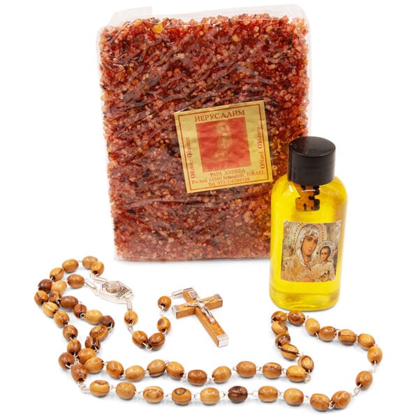 Catholic Olive Wood Rosary, Incense and Anointing Oil Gift Set
