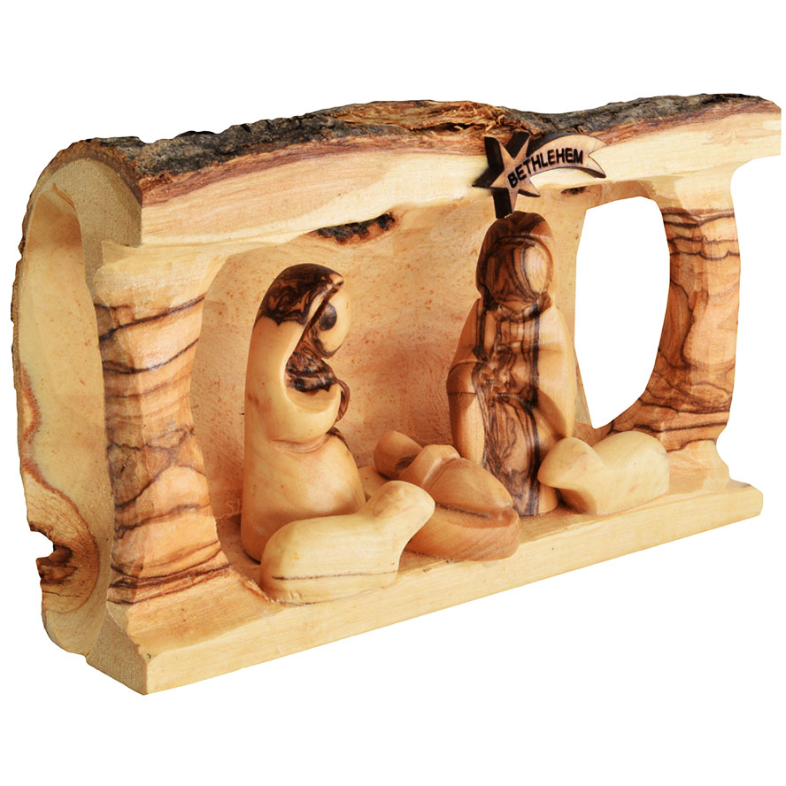 Olive Wood Creche Bethlehem Nativity Log – Faceless Figurines – 7″