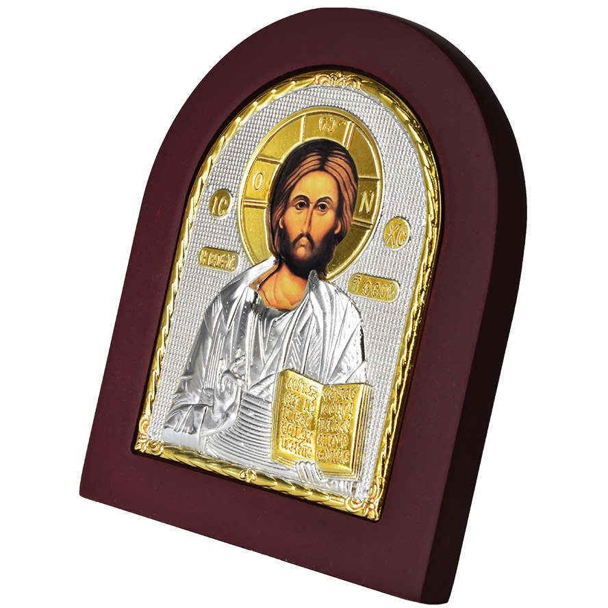 Christ Pantocrator Icon with Stand – Silver and Gold Plated