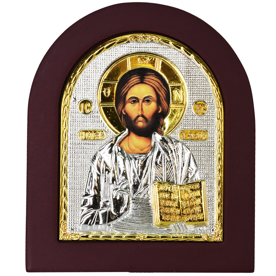 Christ Pantocrator Icon with Stand – Silver and Gold Plated (front)