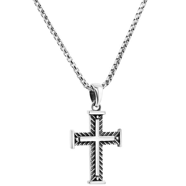 Sterling Silver Christian Cross Necklace with Fishbone Design - 1" (with chain)