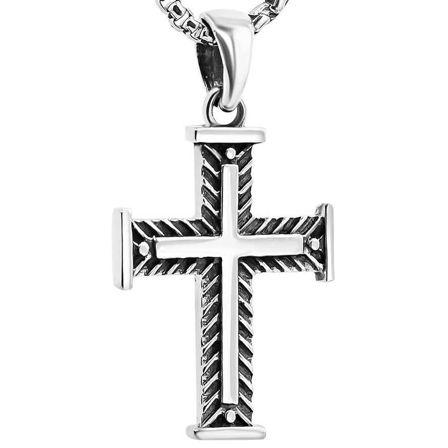Sterling Silver Christian Cross Necklace with Fishbone Design – 1″