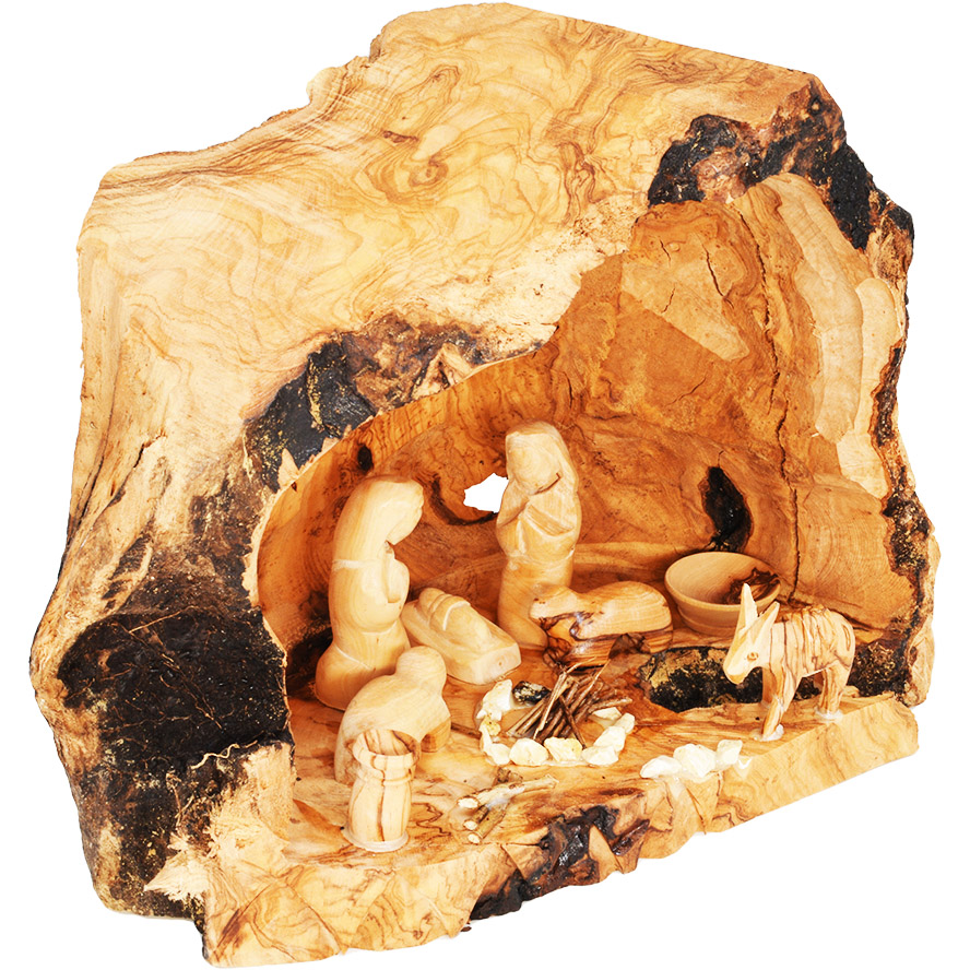 Olive Wood Christmas Nativity Cave Fixed Figurines – 9″ (side view)