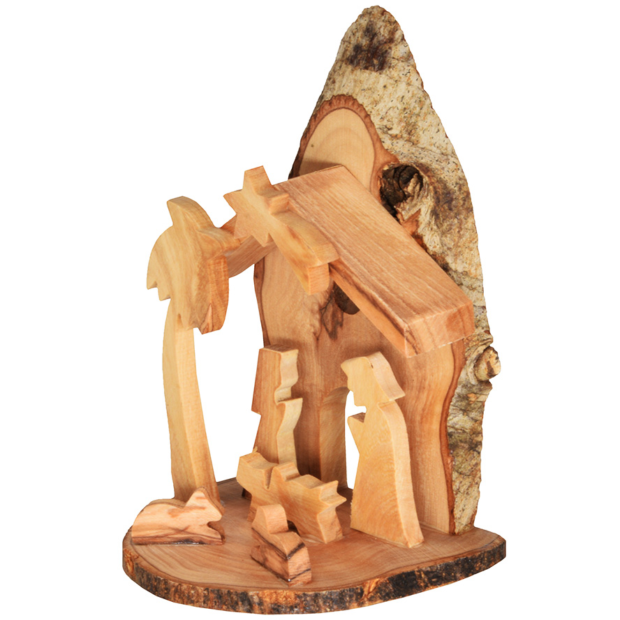 Nativity Creche Manger Scene Ornament – Bethlehem Olive Wood – 4″ (side view)