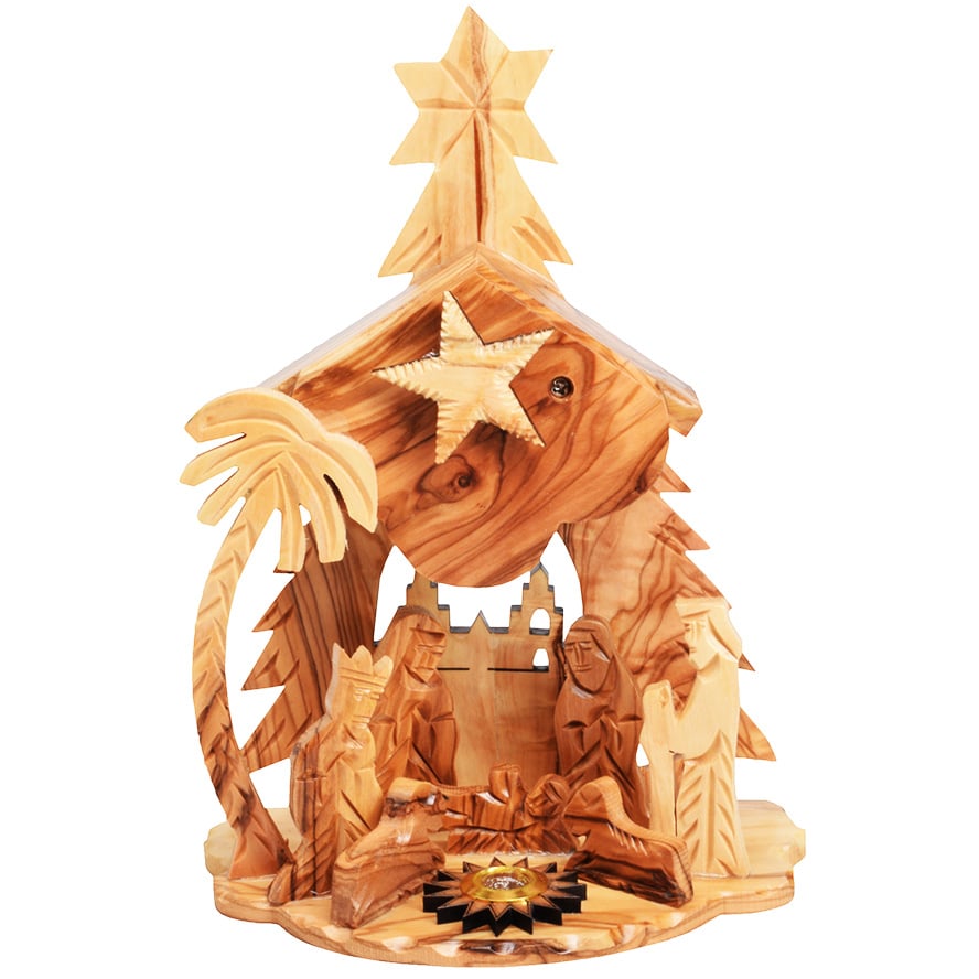 Olive Wood Musical Nativity with Fixed Pieces and Incense – 8 inch (front)