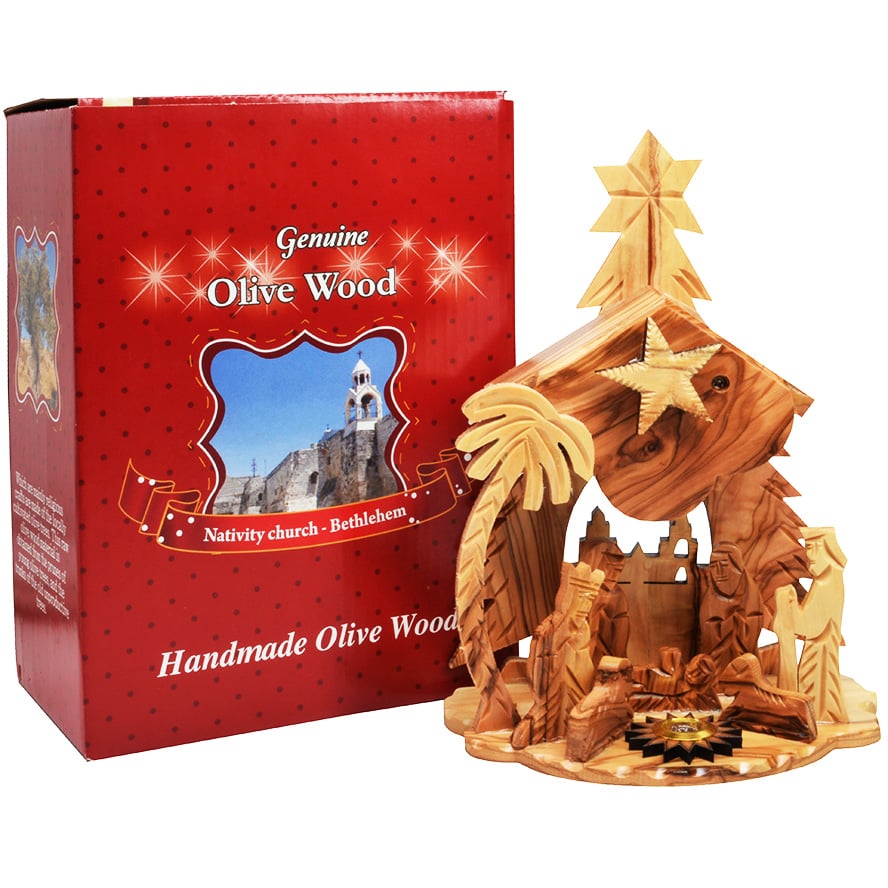 Olive Wood Musical Nativity with Fixed Pieces and Incense – 8 inch
