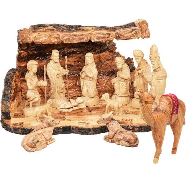Christmas Nativity Cave - Wooden 13pc Set with Camel from Bethlehem - 15" (front view)