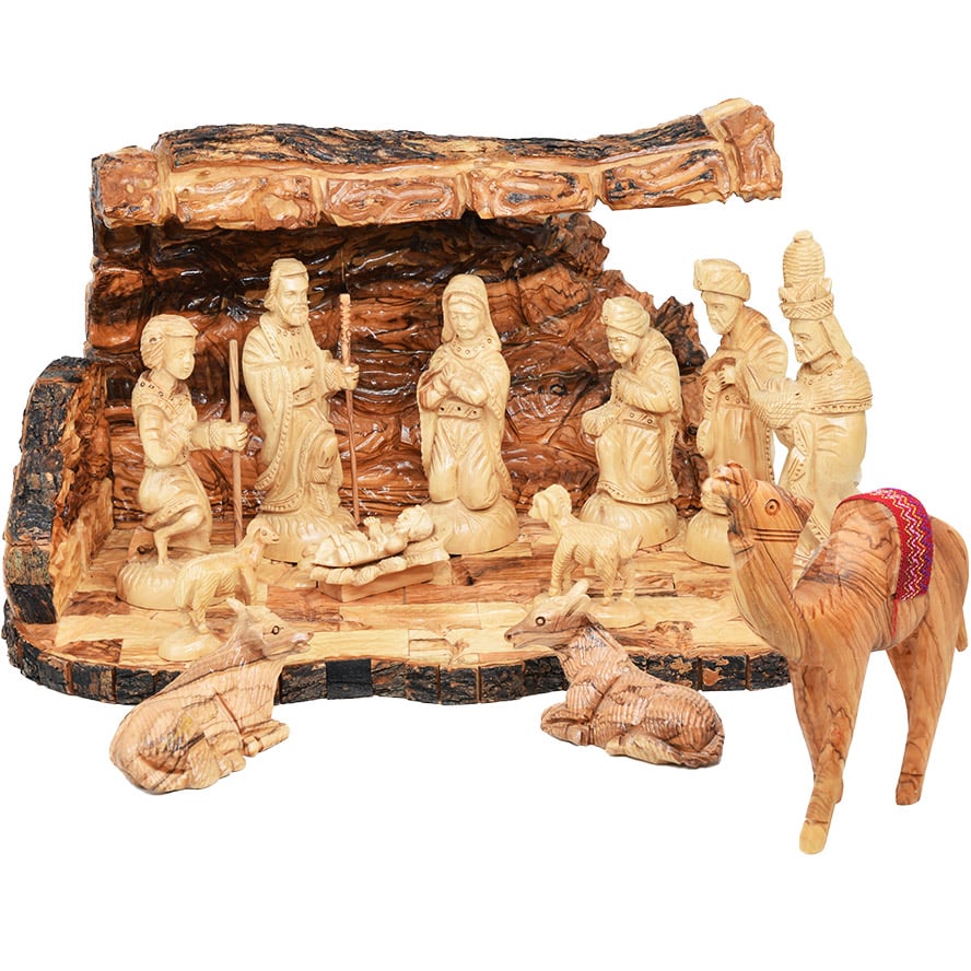 Christmas Nativity Cave – Wooden 13pc Set with Camel from Bethlehem – 15″ (front view)