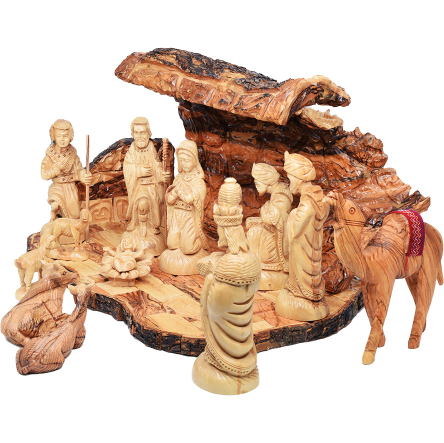 Christmas Nativity Cave – Wooden 13pc Set with Camel from Bethlehem – 15″ (right side)