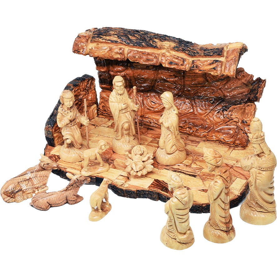 Christmas Nativity Cave – Olive Wood 12pc Set from Bethlehem – 12″ (top view)