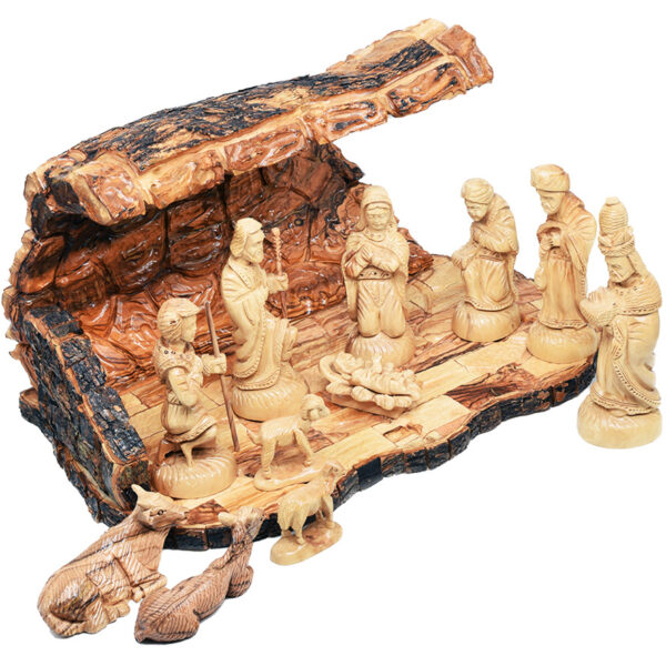 Christmas Nativity Cave - Olive Wood 12pc Set from Bethlehem - 12" (left view)