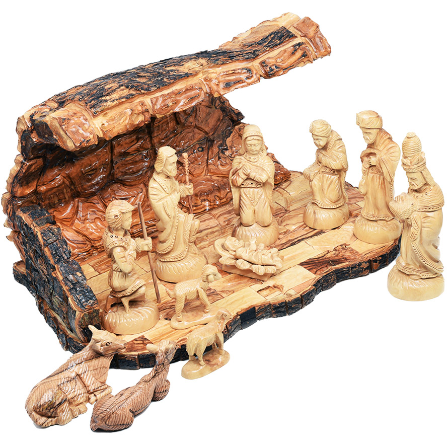 Christmas Nativity Cave – Olive Wood 12pc Set from Bethlehem – 12″ (left view)