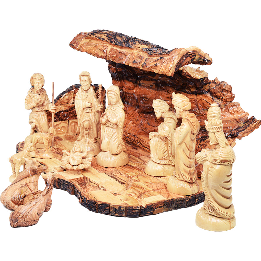 Christmas Nativity Cave – Olive Wood 12pc Set from Bethlehem – 12″ (right view)
