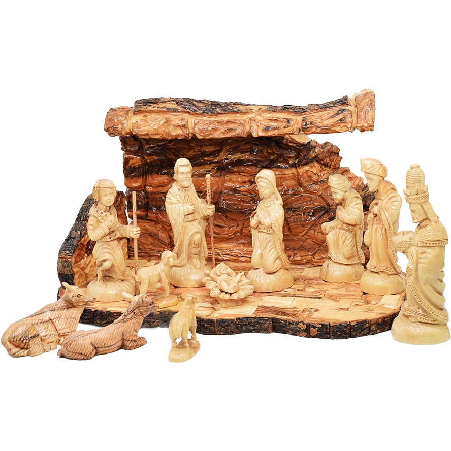 Christmas Nativity Cave – Olive Wood 12pc Set from Bethlehem – 12″