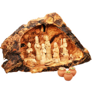 Christmas Olive Wood Nativity Cave with Gifts of the Wise Men (front view)