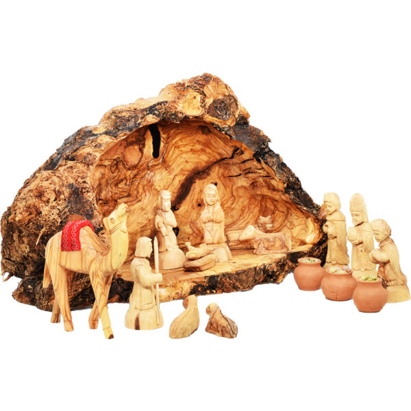 Christmas Nativity Set in Olive Wood Cave with Camel + Wise Men Gifts (angle view)
