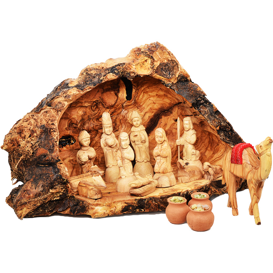 Christmas Nativity Set in Olive Wood Cave with Camel + Wise Men Gifts