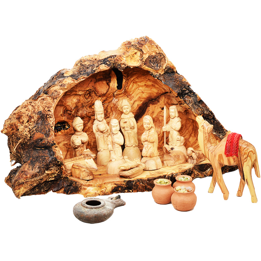 Nativity Set in Olive Wood Cave with a Camel, Lamp + Wise Men Gifts (front view)
